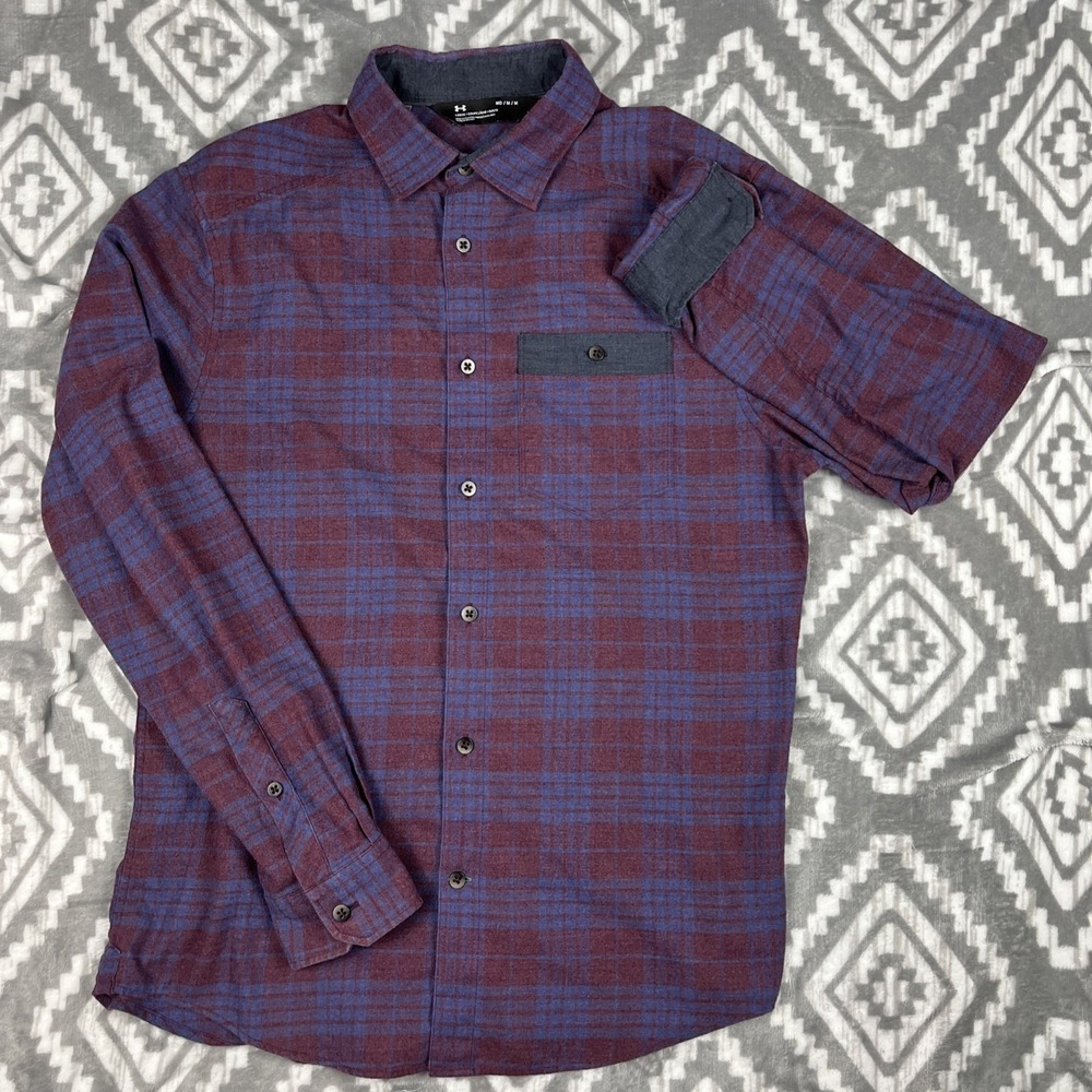 Under Armour Shirt Mens M Blue Plaid Gear Loose Fit Flannel Long Sleeve
